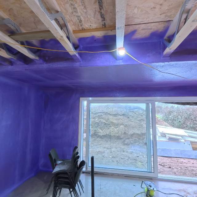 Timber frame sheathing coated with Passive Purple vapour control — 360 degree site image